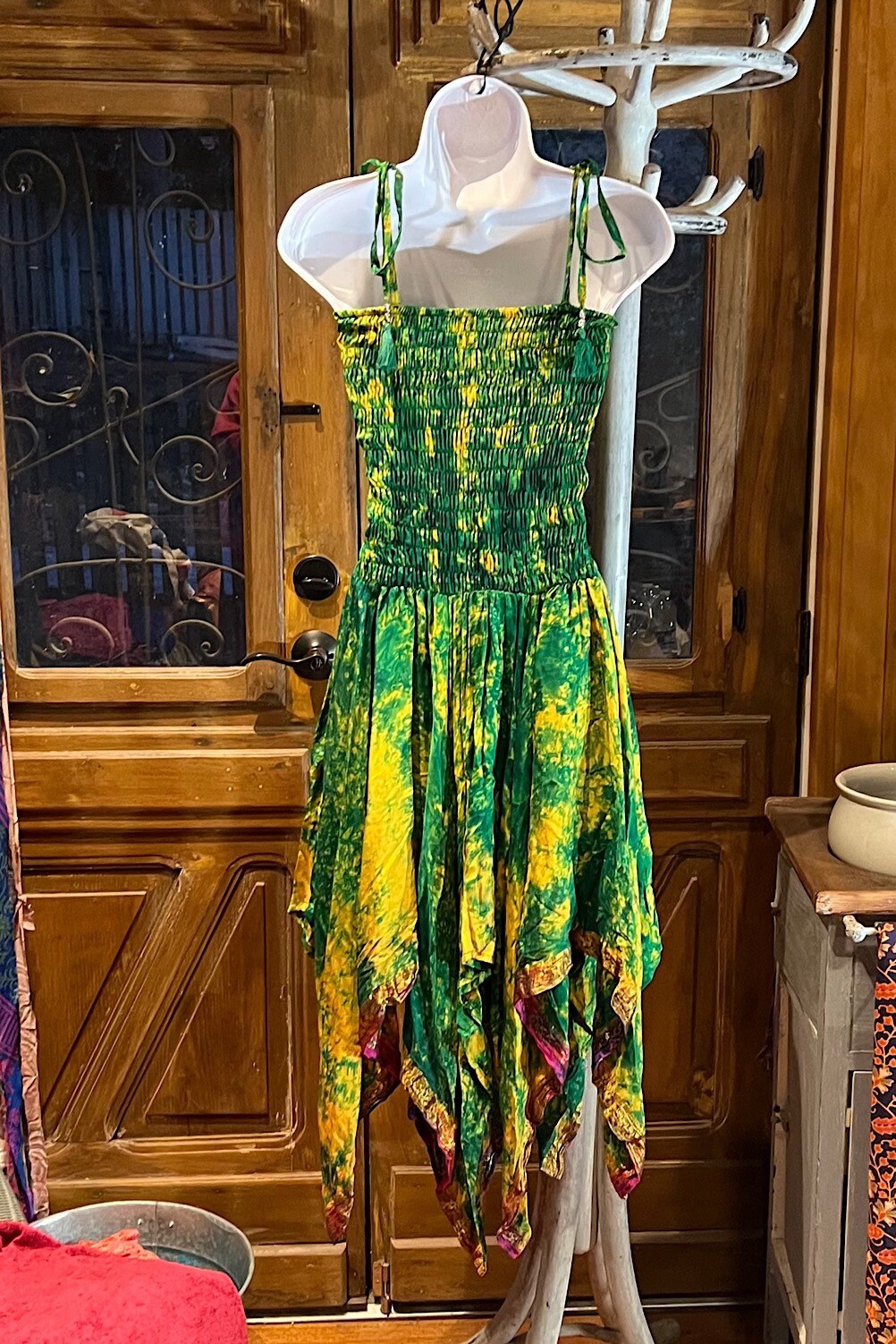 Bohemian Dress,  Tie Dye Vintage Sari Silk Bohemian Boho Chic Festival Ethnic Hippie Summer dress, Gypsy Dress, Fairy Beach Boho Dress,