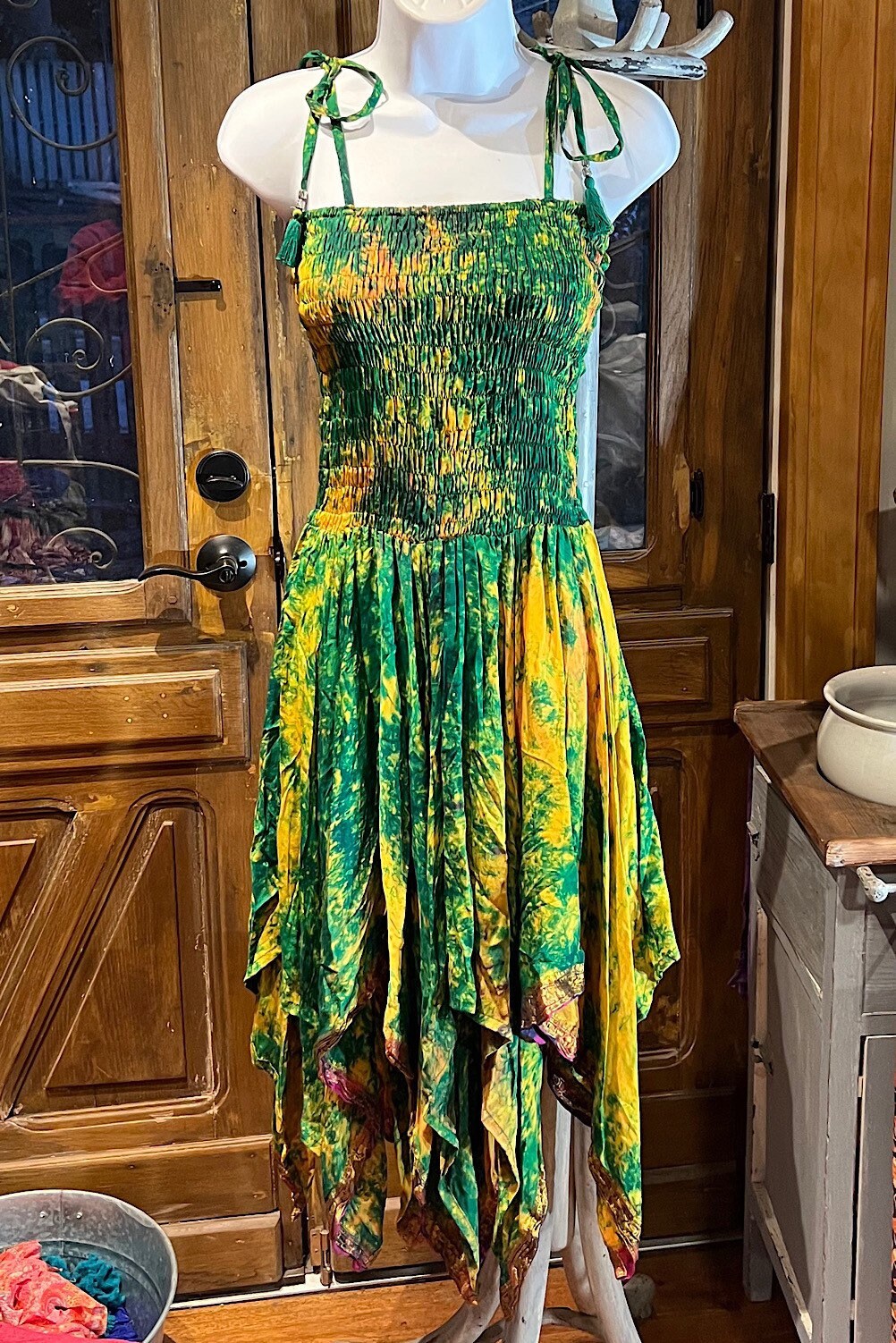 Bohemian Dress,  Tie Dye Vintage Sari Silk Bohemian Boho Chic Festival Ethnic Hippie Summer dress, Gypsy Dress, Fairy Beach Boho Dress,