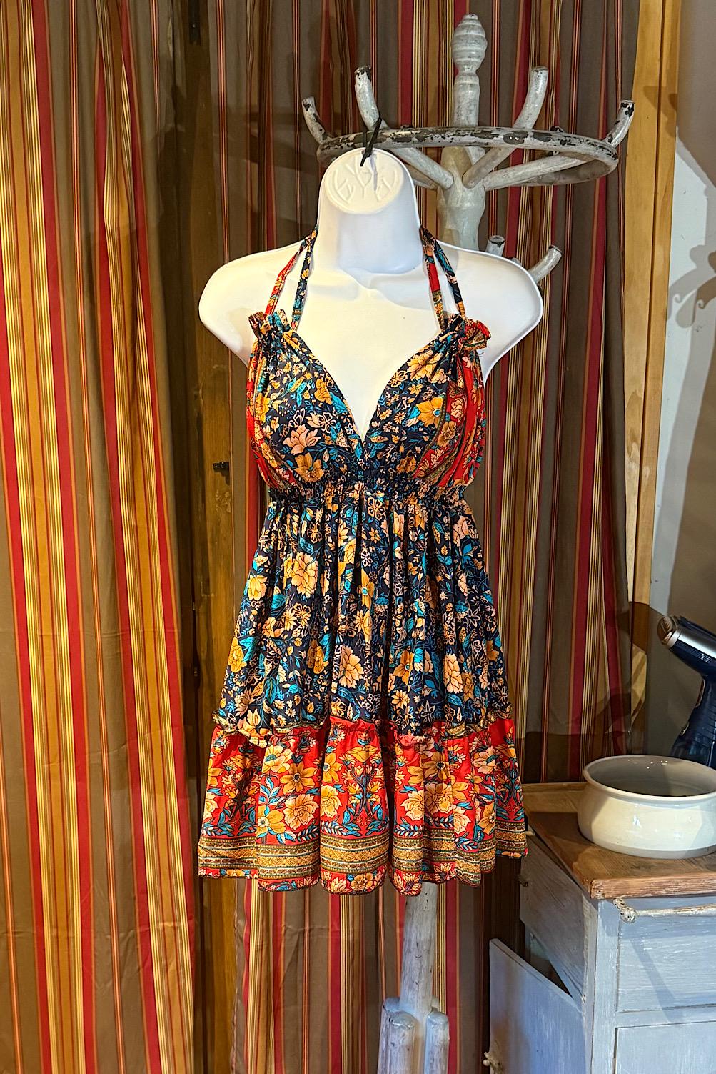 Boho Short Ruffle Dress, Hippie Dress, Open back Dress, Bohemian Festival Ethnic Dress, Boho Dress, Beach Halter Ruffle Boho Gypsy Dress