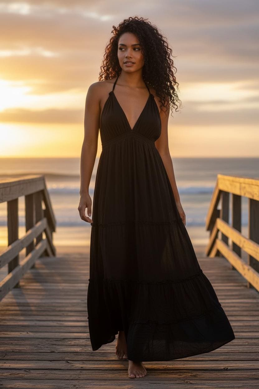 Boho Long Ruffle Dress, Hippie Dress, Open back Dress, Bohemian Festival Ethnic Dress, Boho Dress, Beach Halter Ruffle Boho Gypsy Dress