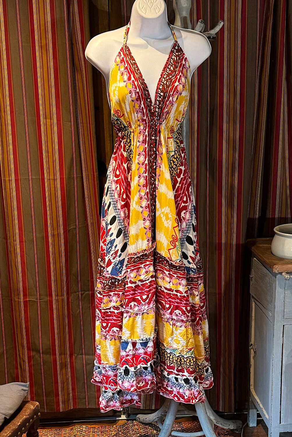 Boho Long Ruffle Dress, Hippie Dress, Open back Dress, Bohemian Festival Ethnic Dress, Boho Dress, Beach Halter Ruffle Boho Gypsy Dress