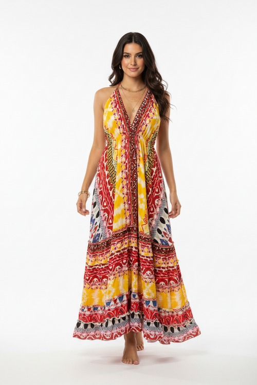 Boho Long Ruffle Dress, Hippie Dress, Open back Dress, Bohemian Festival Ethnic Dress, Boho Dress, Beach Halter Ruffle Boho Gypsy Dress