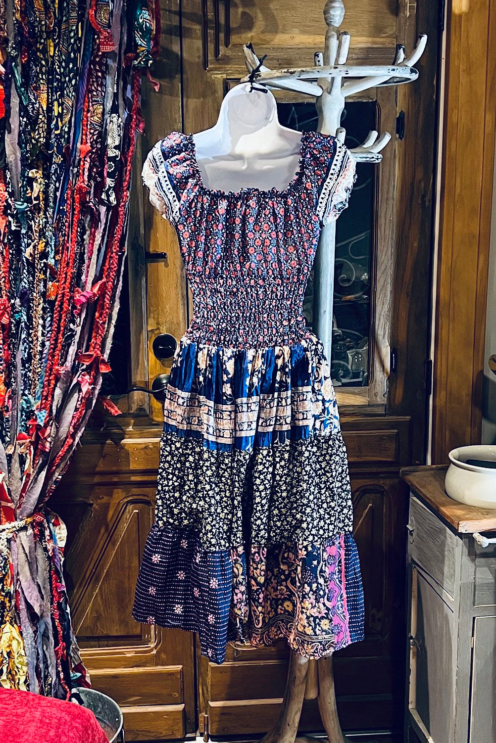 Boho Silk Dress, Vintage Ruffle Short Dress, Hippie Bohemian Dress, Gypsy Boho Dress Festival Dress, Recycled Ethnic Patch work Sari Dress