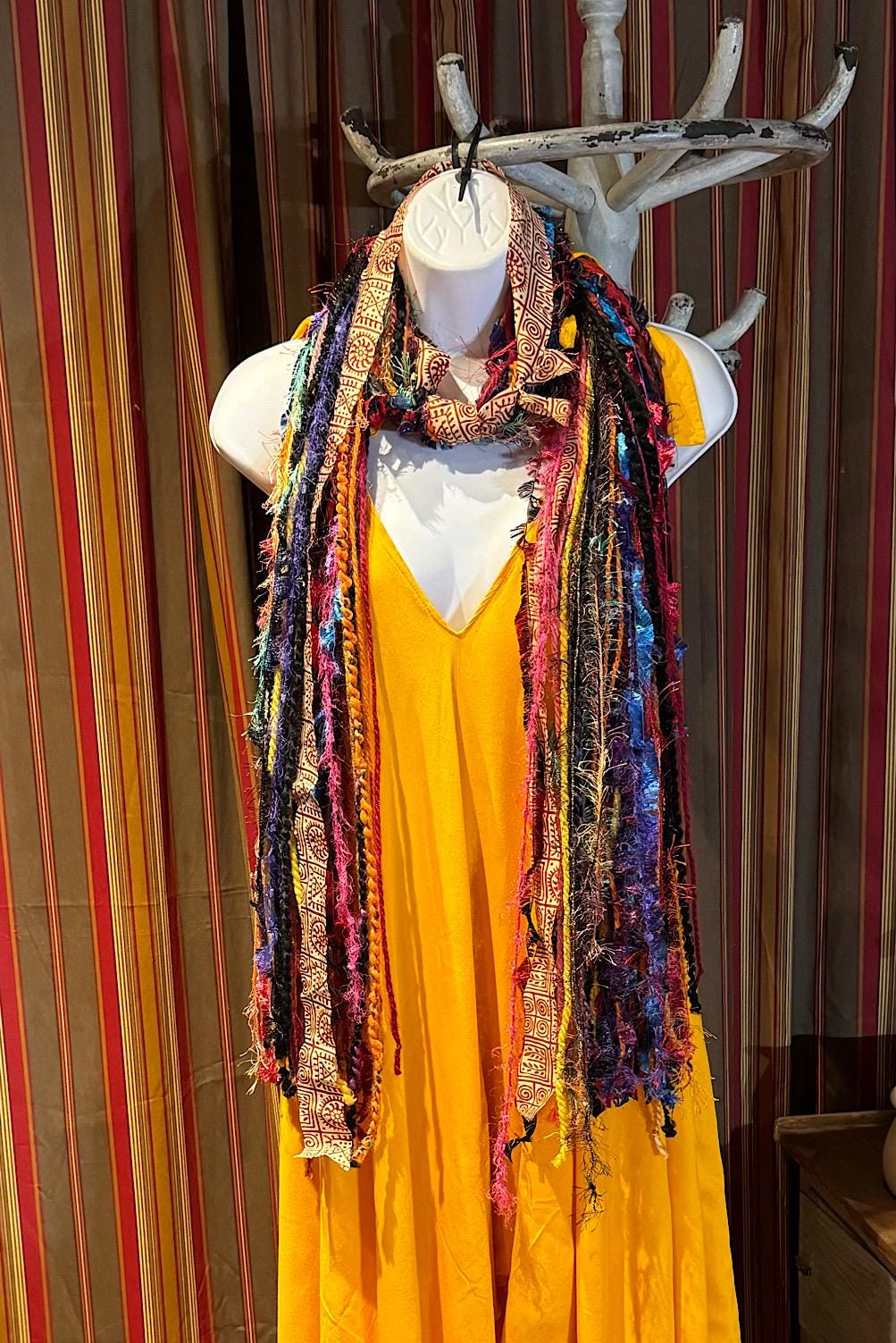 Boho Fringe Festival Long Scarf, gift for her, Yarn Ribbon Scarf,Bohemian Recycled Vintage Silk Sari Yarns Ribbons, Hippie Fringe Scarf