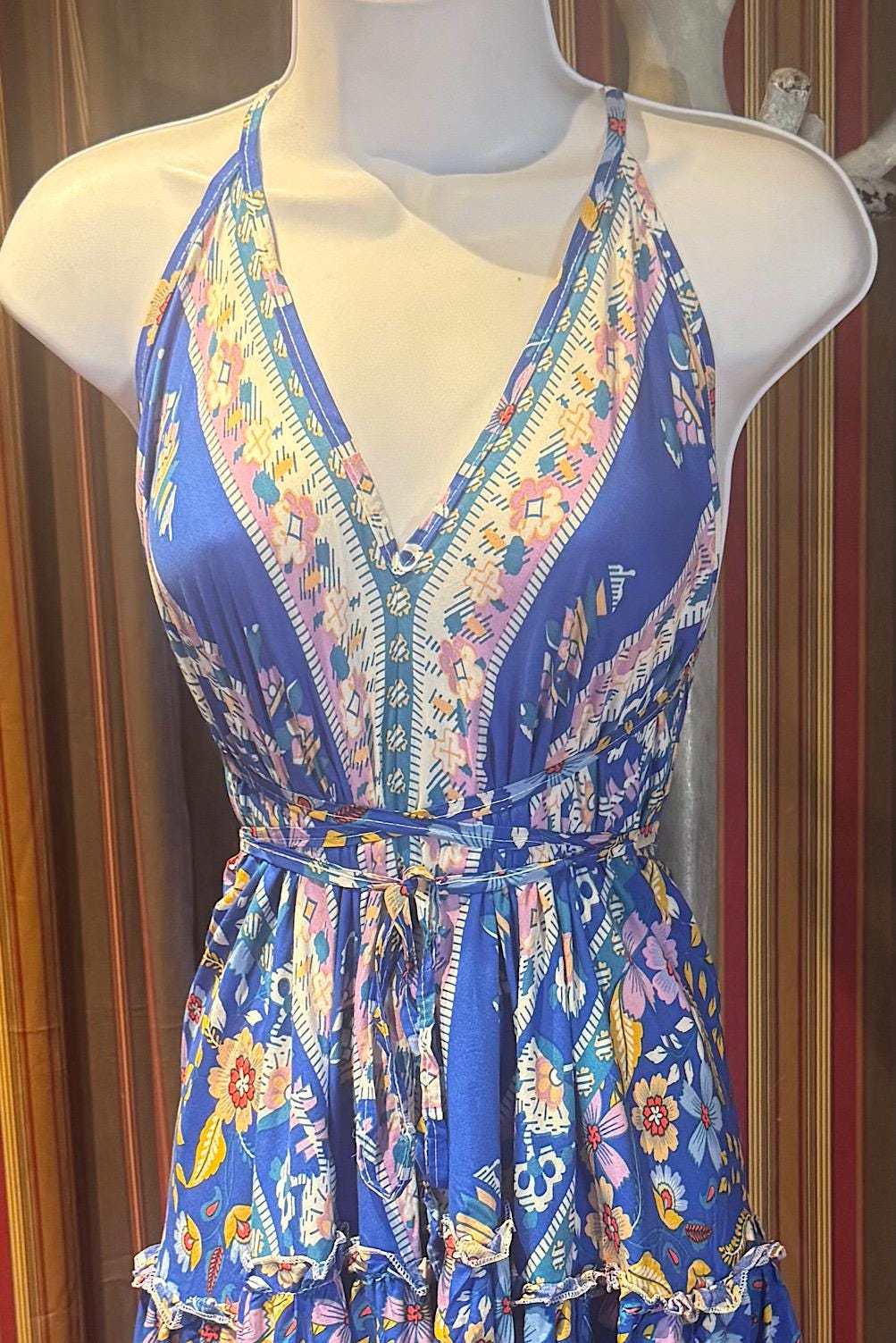 Boho Ruffle Dress, Hippie Dress, Open back Dress, Bohemian Festival Ethnic Dress, Boho Dress, Beach Halter Ruffle Dress Gypsy Boho Dress