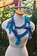 Boho festival Rope Belt necklace Scarf, bohemian silk Recycled vintage silk sari Fabric ribbons, Hippie Crocheted Belt, Boho Hippie Clothing