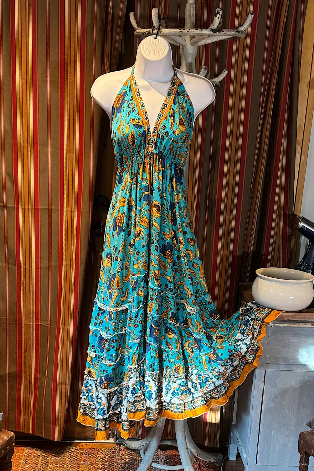 Boho Long Ruffle Dress, Hippie Dress, Open back Dress, Bohemian Festival Ethnic Dress, Boho Dress, Beach Halter Ruffle Boho Gypsy Dress