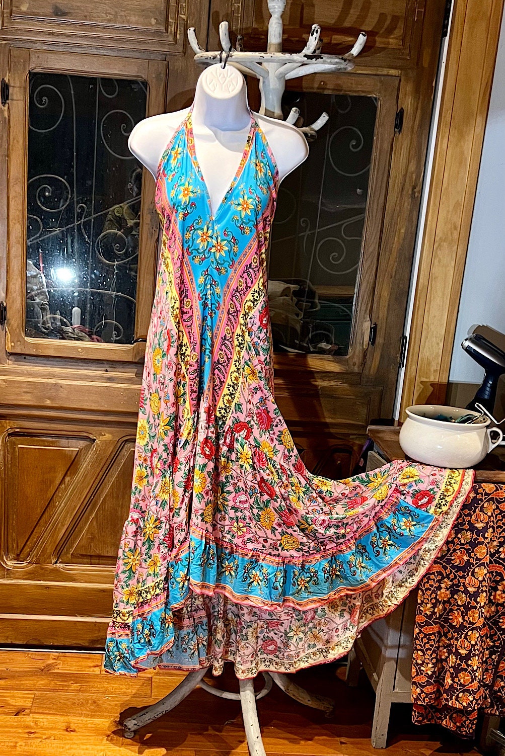 Boho Ruffle Long Dress, Hippie Dress, Open back Dress, Bohemian Festival Ethnic Dress, Boho Chic Dress, Beach Halter Ruffle Gypsy Dress
