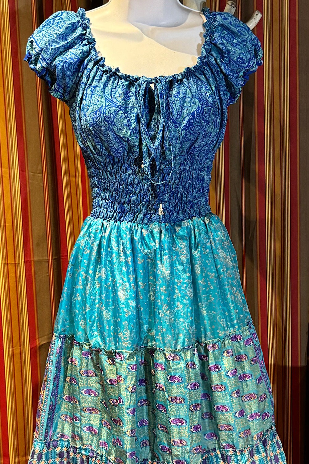Boho Silk Dress, Vintage Ruffle Short Dress, Hippie Bohemian Dress, Gypsy Boho Dress Festival Dress, Recycled Ethnic Patch work Sari Dress