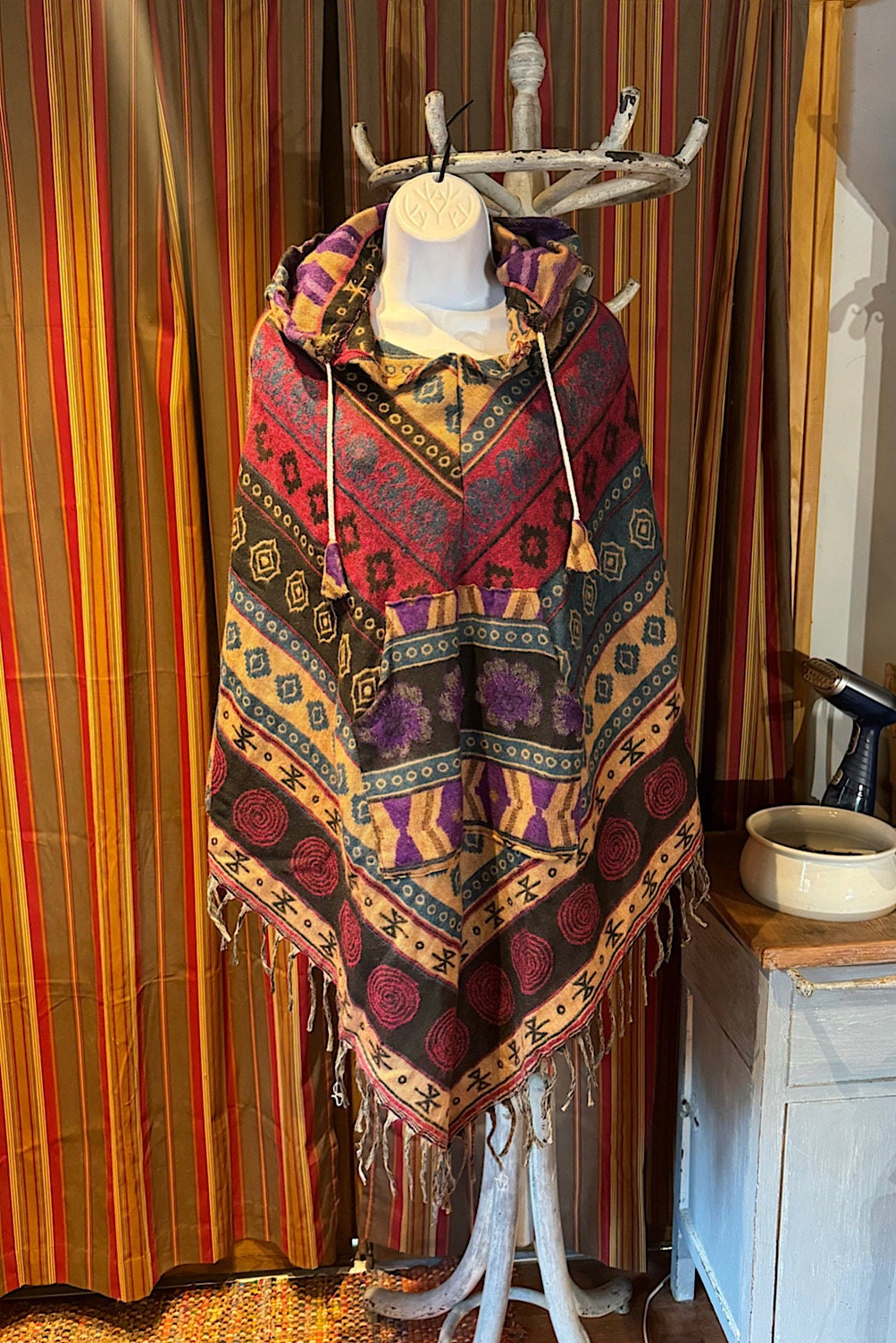 Festival Hooded Poncho: Unisex Boho Woven Wool Blend