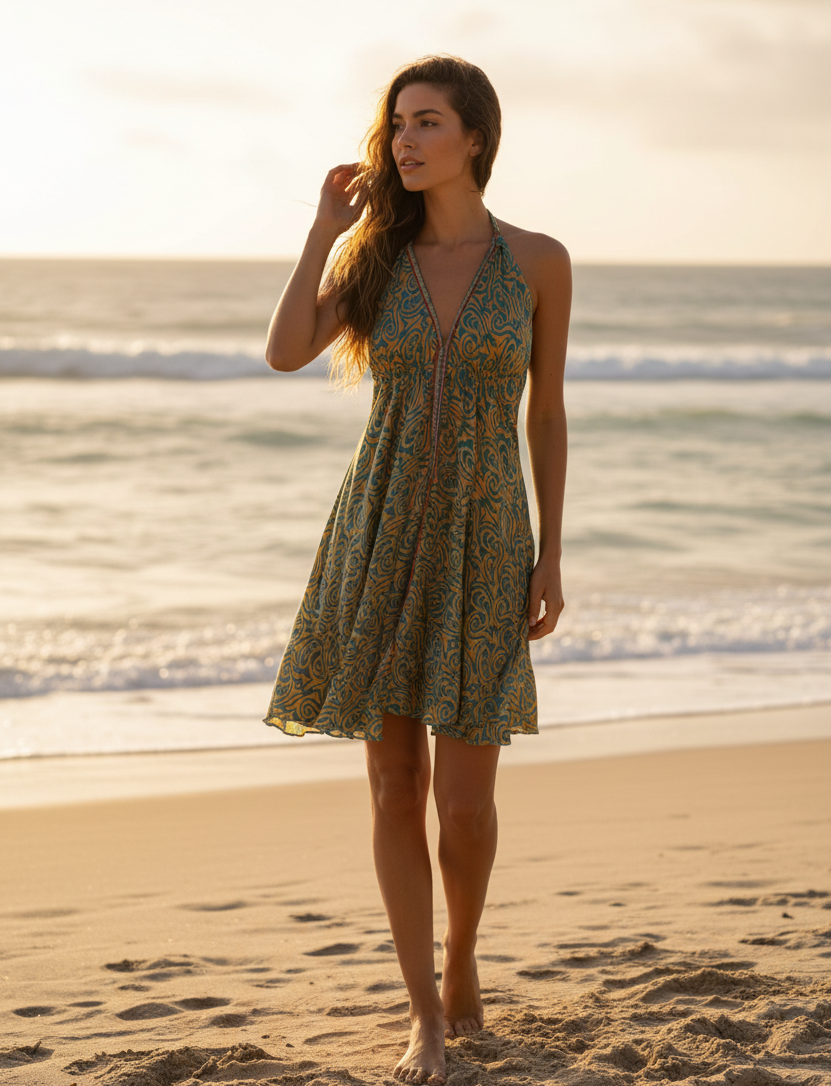 Boho Festival Dress, Bohemian Silk Dress, Ethnic Beach Short Dress, Festival Dress, Hippie Dress, Women Vintage Silk Boho Chic Gypsy Dress