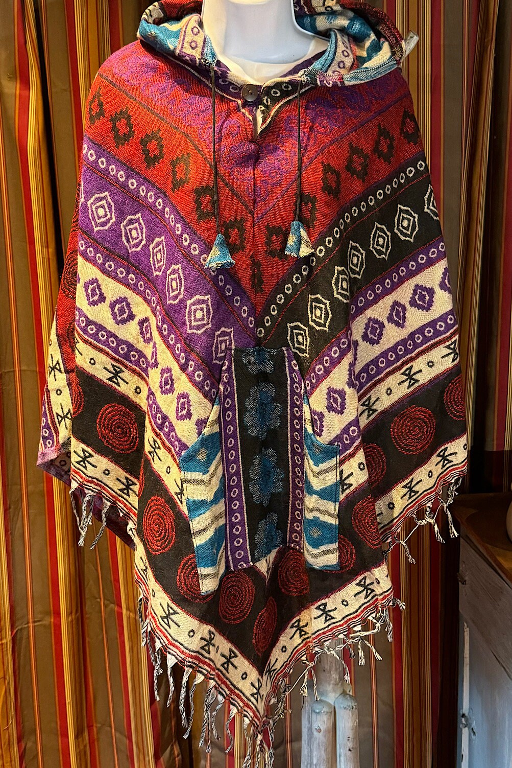 Festival hooded poncho, unisex one size woolen blend Festival Boho Woven, center pocket Hippie Bohemian Ethnic festival Gypsy Poncho