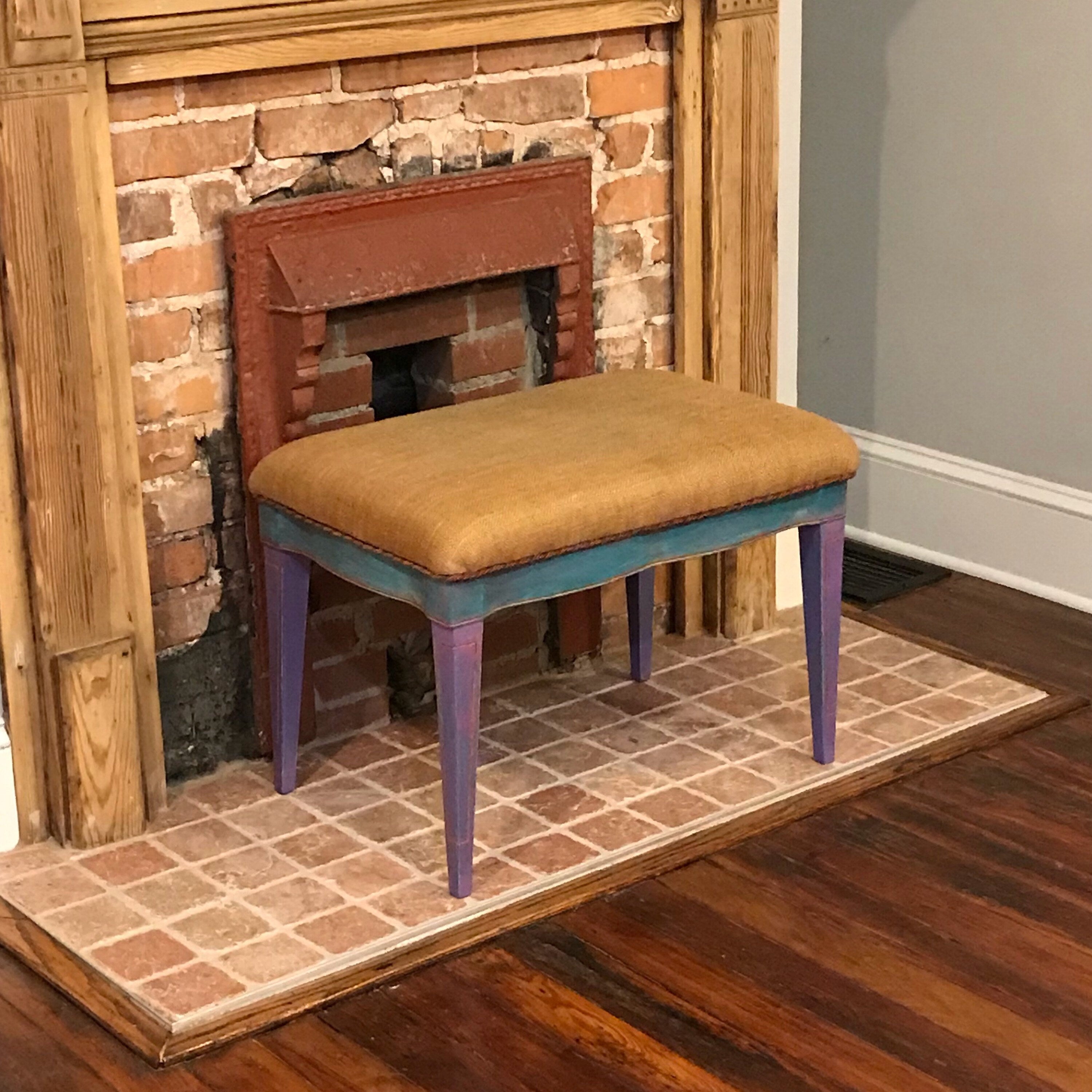 Vintage Vanity Rustic Bench, Hand painted Antique Bench, old Mid Century Farm house chalk painted bench, Burlap Upholstered vintage stool