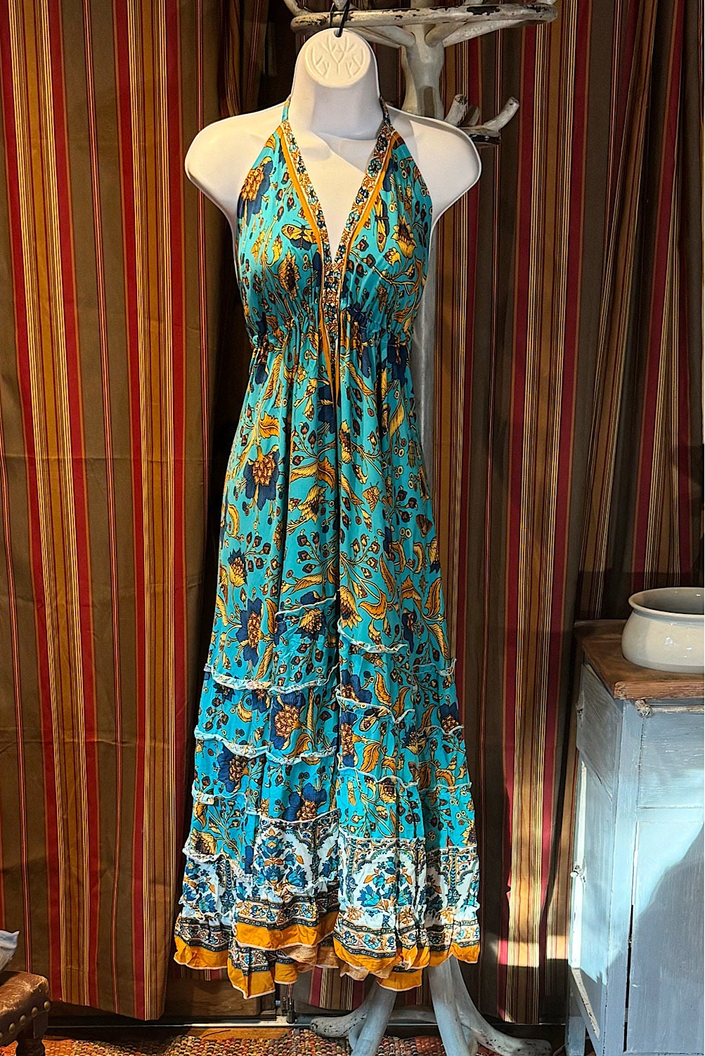 Boho Long Ruffle Dress, Hippie Dress, Open back Dress, Bohemian Festival Ethnic Dress, Boho Dress, Beach Halter Ruffle Boho Gypsy Dress