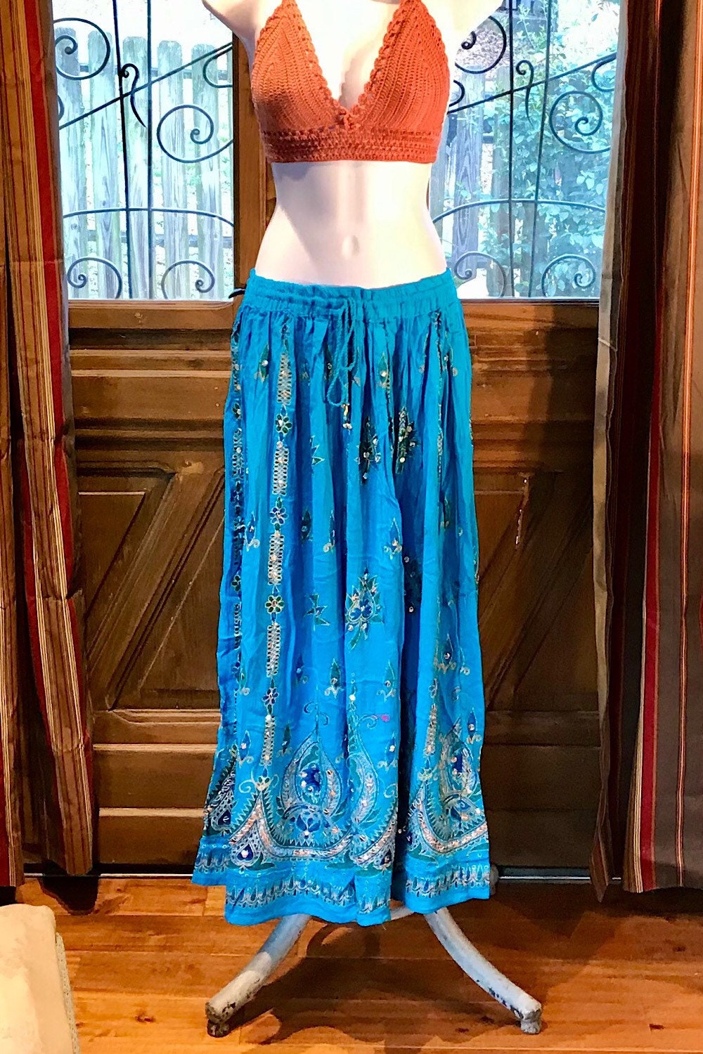 Boho long skirt, Sequined Embroidery Long Maxi Skirt, Bohemian Chic Festival Ethnic Hippie Summer One Size Feminine Long Skirt.