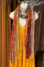 Boho Fringe Festival Long Scarf, gift for her, Yarn Ribbon Scarf,Bohemian Recycled Vintage Silk Sari Yarns Ribbons, Hippie Fringe Scarf