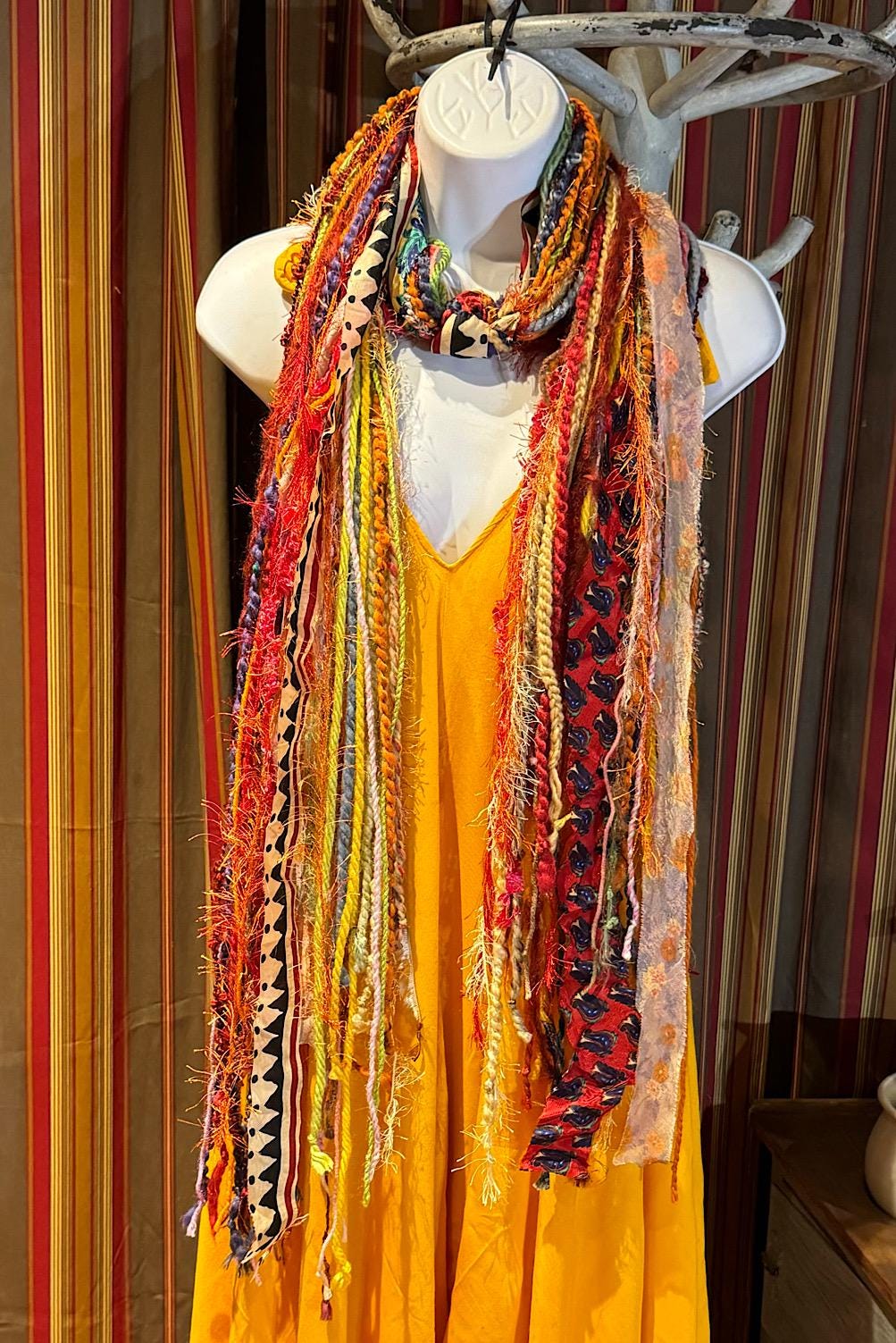 Boho Fringe Festival Long Scarf, gift for her, Yarn Ribbon Scarf,Bohemian Recycled Vintage Silk Sari Yarns Ribbons, Hippie Fringe Scarf