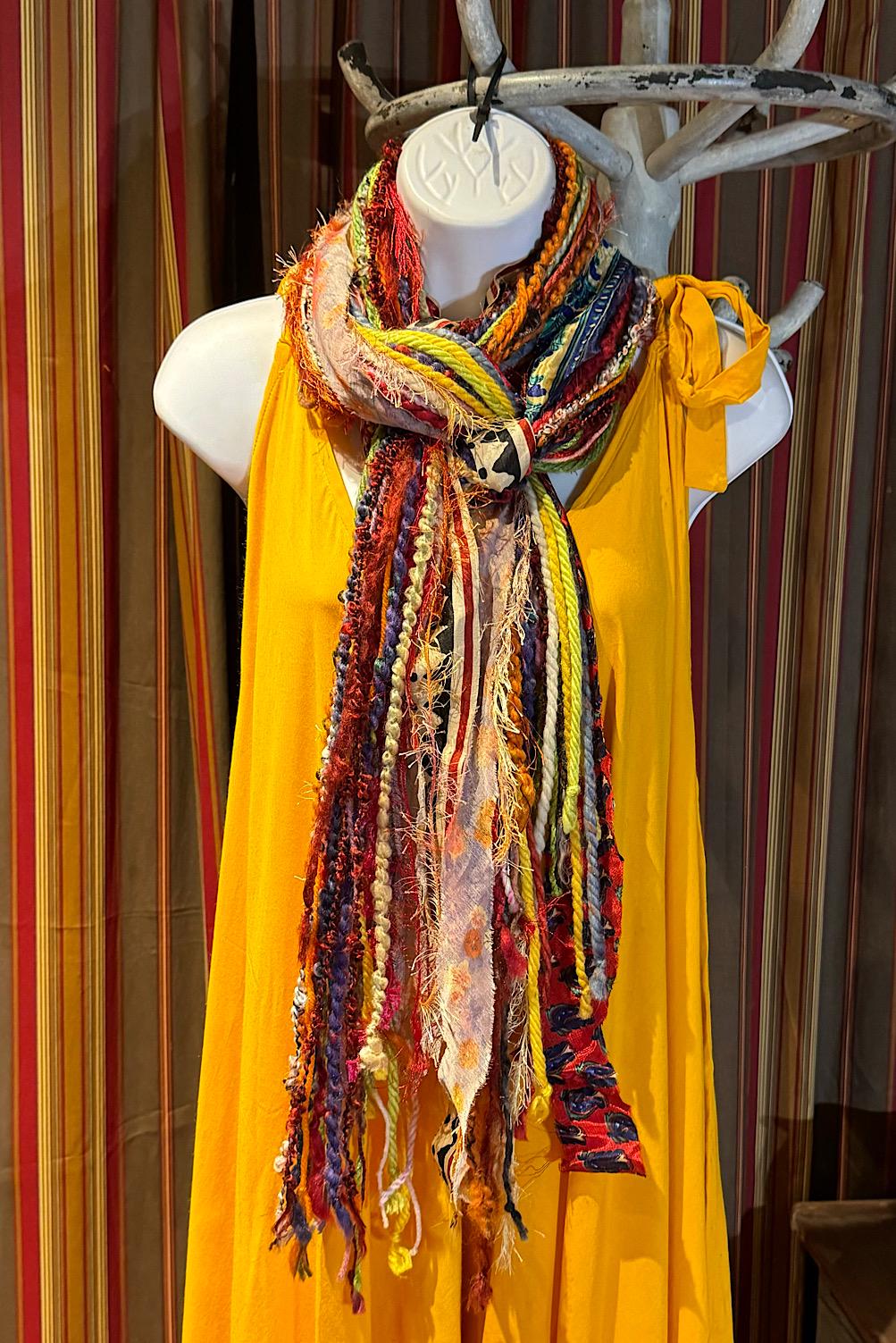 Boho Fringe Festival Long Scarf, gift for her, Yarn Ribbon Scarf,Bohemian Recycled Vintage Silk Sari Yarns Ribbons, Hippie Fringe Scarf