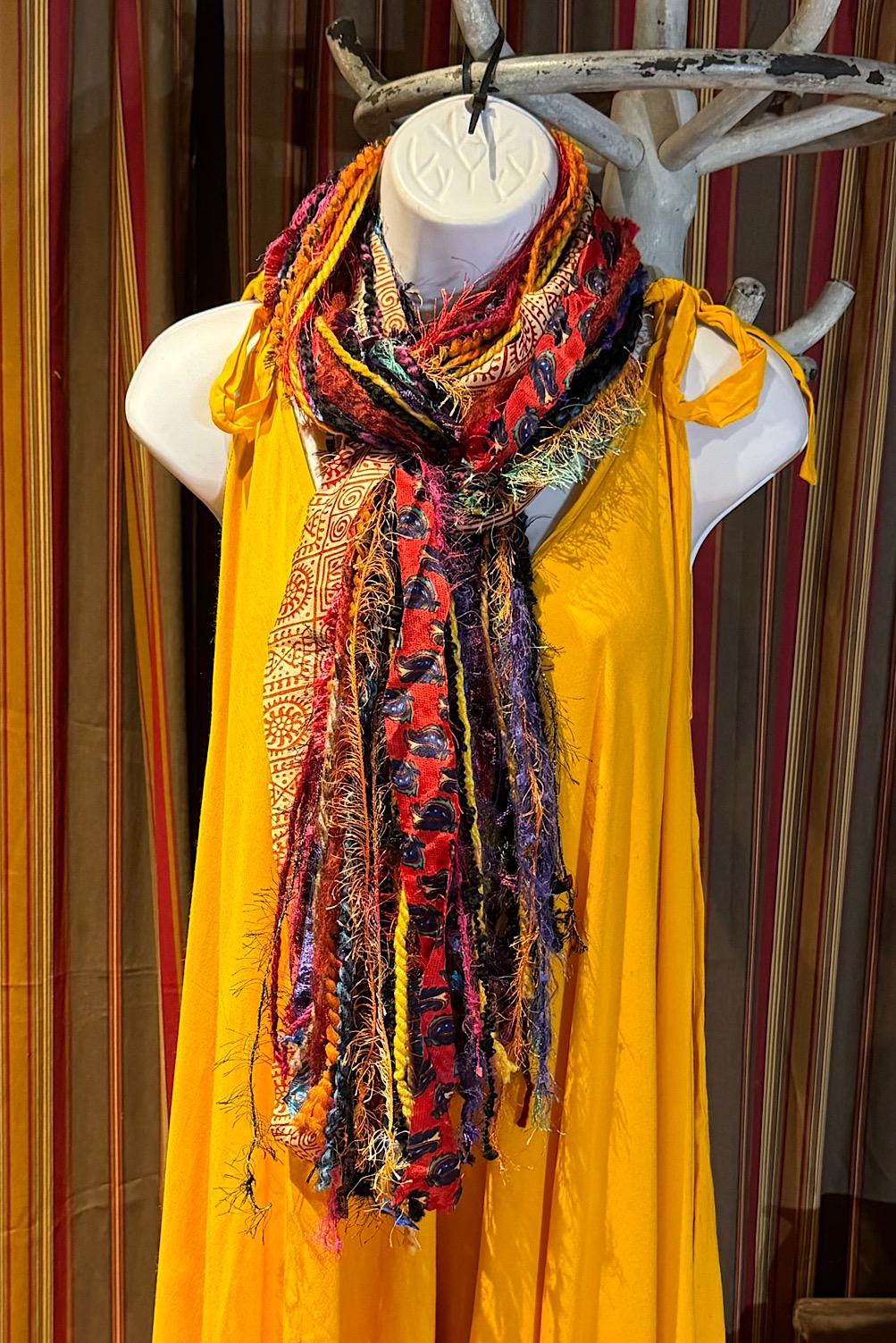 Boho Fringe Festival Long Scarf, gift for her, Yarn Ribbon Scarf,Bohemian Recycled Vintage Silk Sari Yarns Ribbons, Hippie Fringe Scarf