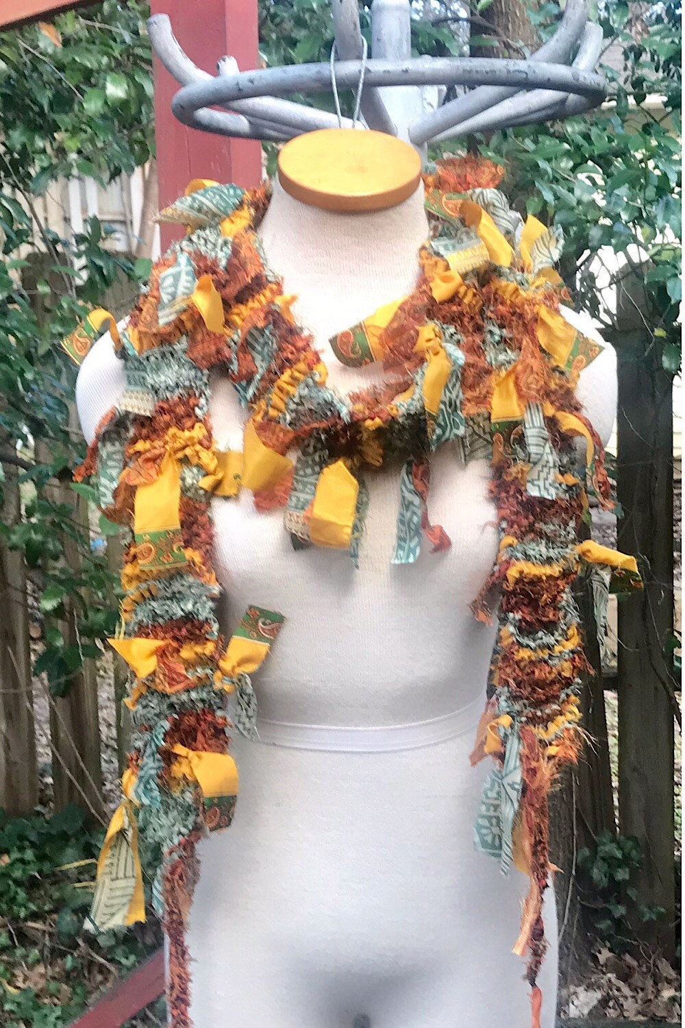 Boho Fringe festival Scarf bohemian silk Recycled vintage silk sari Fabric ribbons, Hippie Hand Knitted Scarf Boho Hippie Clothing