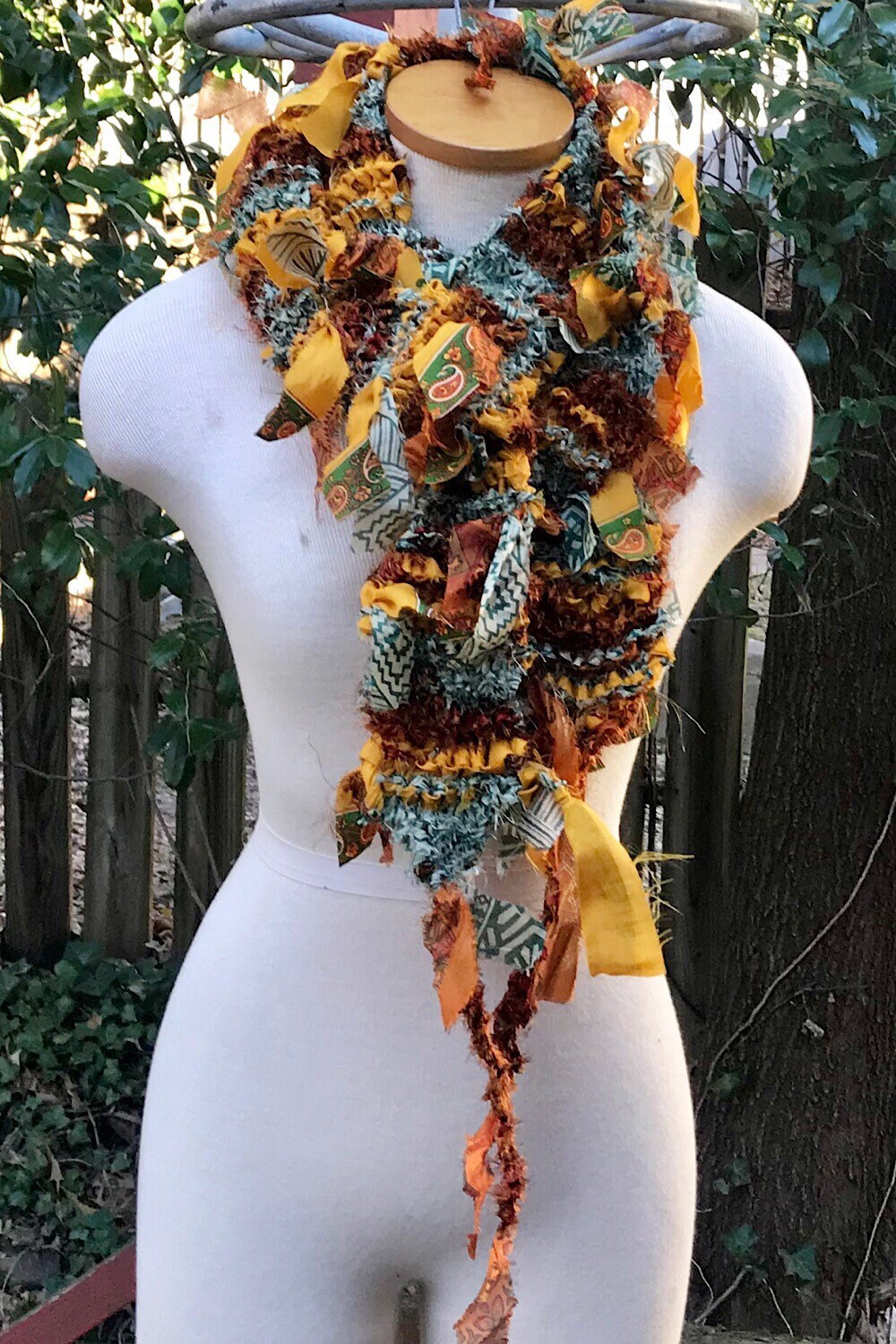 Boho Fringe festival Scarf bohemian silk Recycled vintage silk sari Fabric ribbons, Hippie Hand Knitted Scarf Boho Hippie Clothing