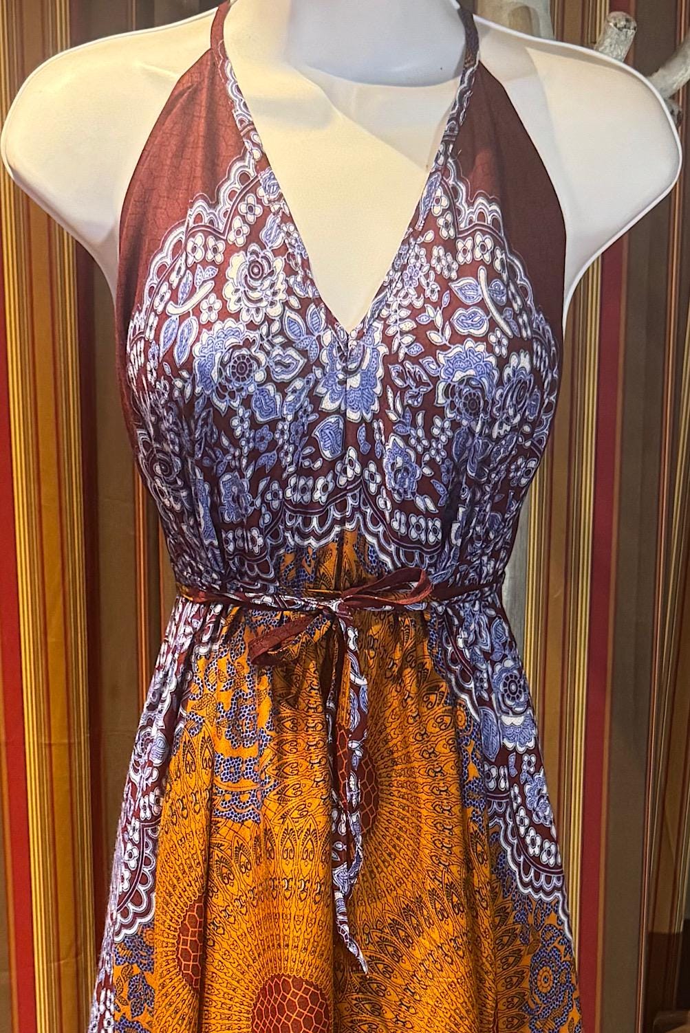 Boho Long printed Dress, Hippie Dress, Open back Dress, Bohemian Festival Ethnic Dress, Boho Dress, Beach Halter Ruffle Boho Gypsy Dress