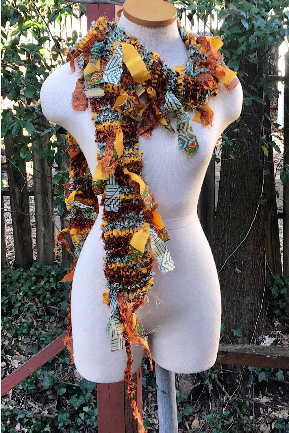 Boho Fringe festival Scarf bohemian silk Recycled vintage silk sari Fabric ribbons, Hippie Hand Knitted Scarf Boho Hippie Clothing