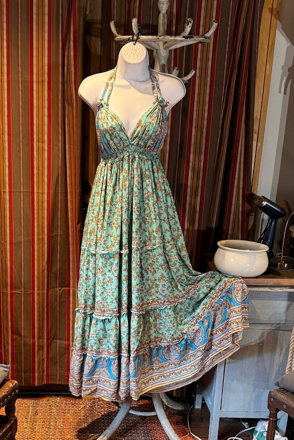 Boho Long Ruffle Dress, Hippie Dress, Open back Dress, Bohemian Festival Ethnic Dress, Boho Dress, Beach Halter Ruffle Boho Gypsy Dress