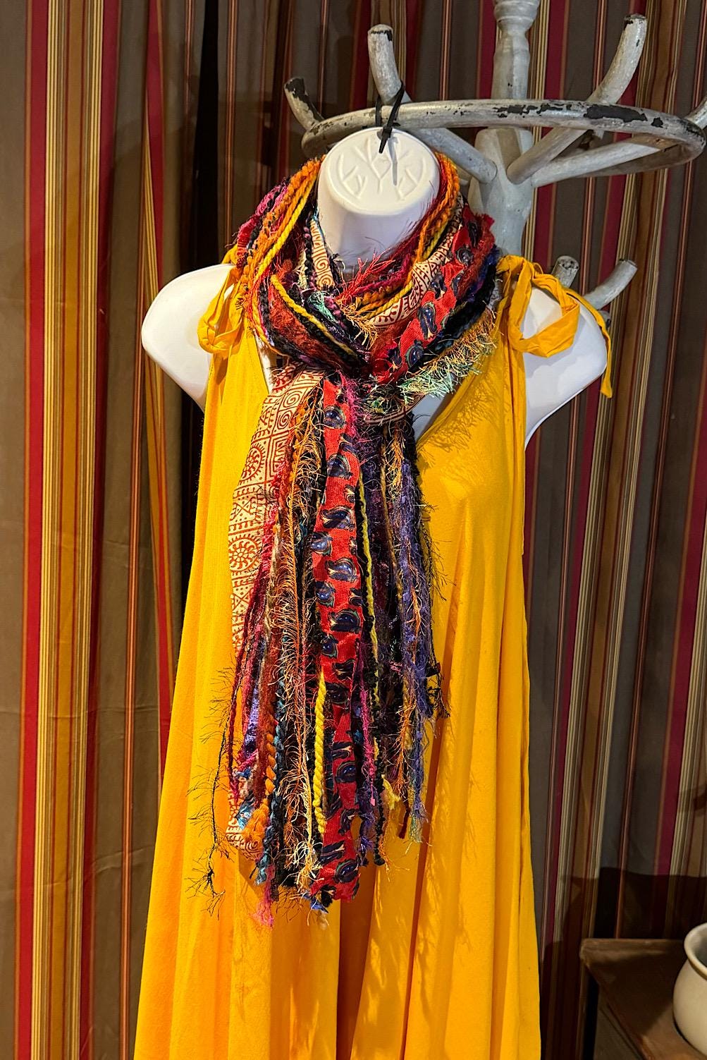 Boho Fringe Festival Long Scarf, gift for her, Yarn Ribbon Scarf,Bohemian Recycled Vintage Silk Sari Yarns Ribbons, Hippie Fringe Scarf