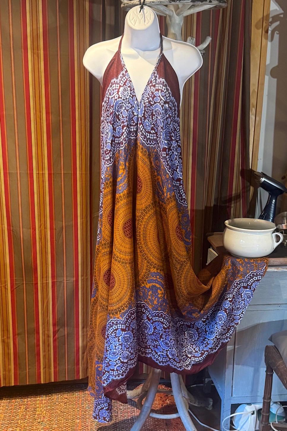Boho Long printed Dress, Hippie Dress, Open back Dress, Bohemian Festival Ethnic Dress, Boho Dress, Beach Halter Ruffle Boho Gypsy Dress