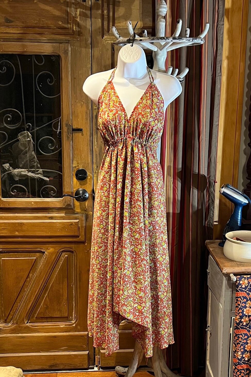 Boho Silk Dress, Bohemian Halter, Dress Ethnic Beach Dress, Festival Dress, Hippie Dress, Vintage Recycled Silk Dress, Boho Chic Gypsy Dress