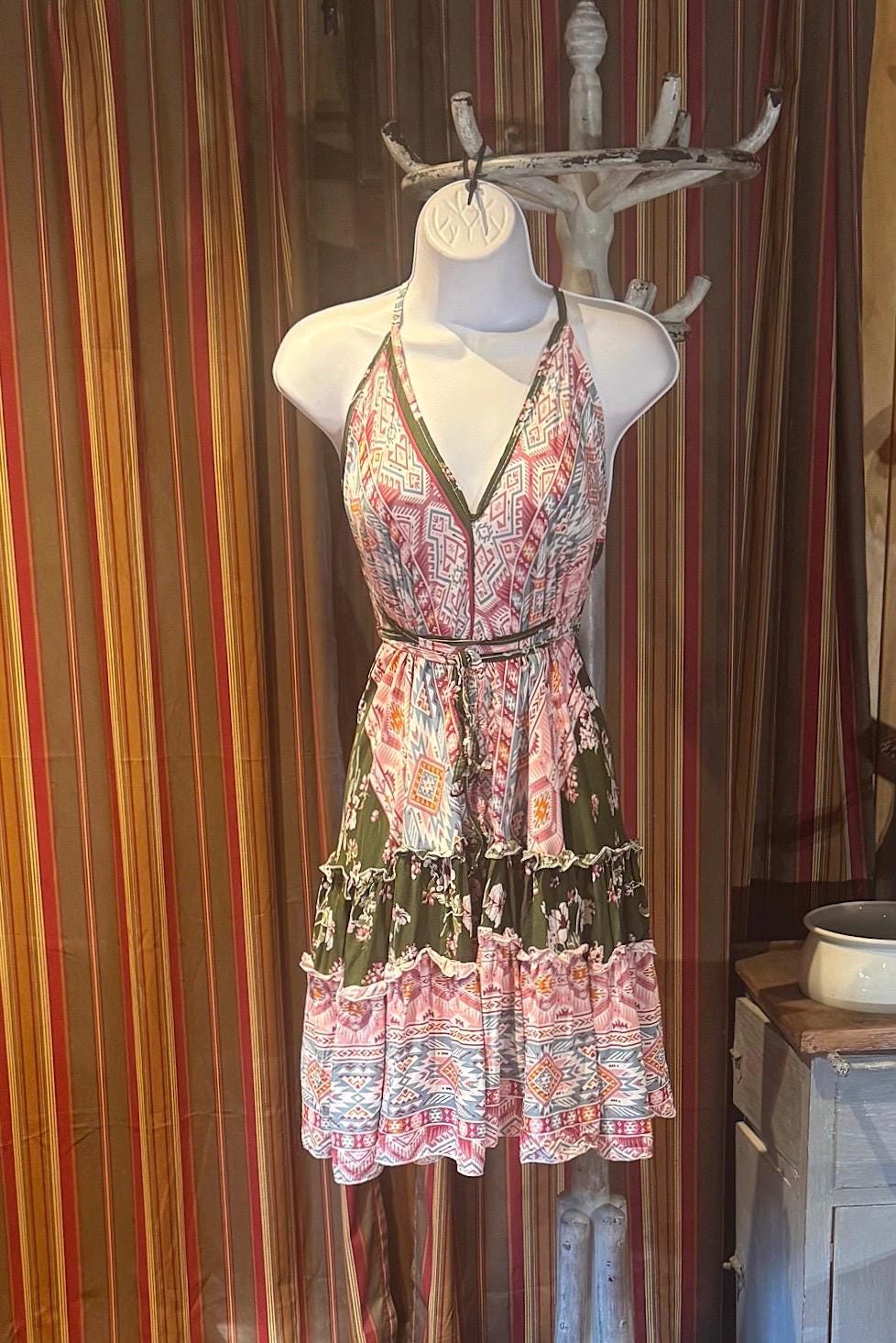 Boho Ruffle Dress, Hippie Dress, Open back Dress, Bohemian Festival Ethnic Dress, Boho Dress, Beach Halter Ruffle Dress Gypsy Boho Dress