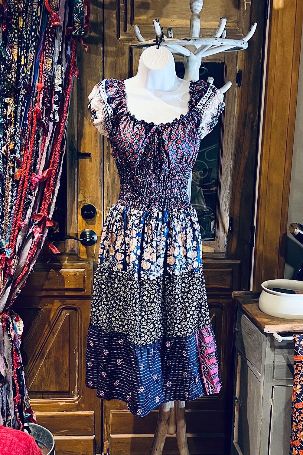 Boho Silk Dress, Vintage Ruffle Short Dress, Hippie Bohemian Dress, Gypsy Boho Dress Festival Dress, Recycled Ethnic Patch work Sari Dress