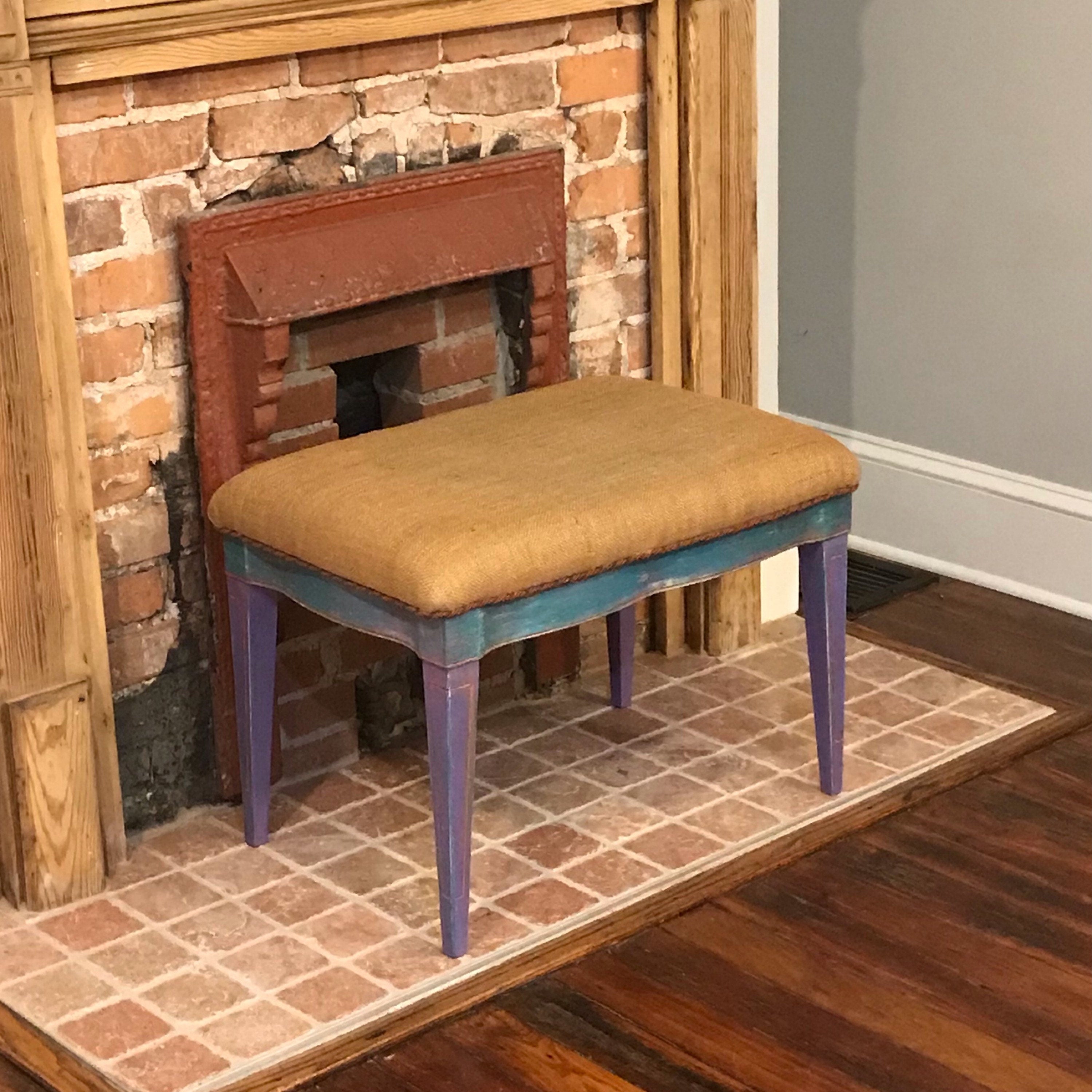 Vintage Vanity Rustic Bench, Hand painted Antique Bench, old Mid Century Farm house chalk painted bench, Burlap Upholstered vintage stool