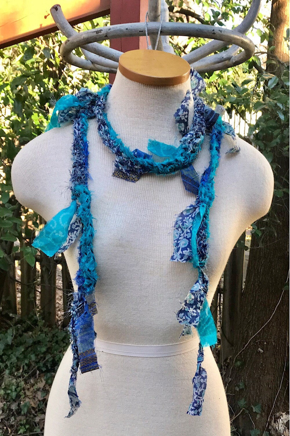 Boho festival Rope Belt necklace Scarf, bohemian silk Recycled vintage silk sari Fabric ribbons, Hippie Crocheted Belt, Boho Hippie Clothing