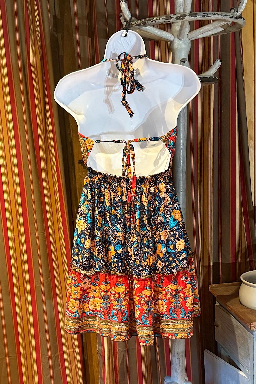 Boho Short Ruffle Dress, Hippie Dress, Open back Dress, Bohemian Festival Ethnic Dress, Boho Dress, Beach Halter Ruffle Boho Gypsy Dress