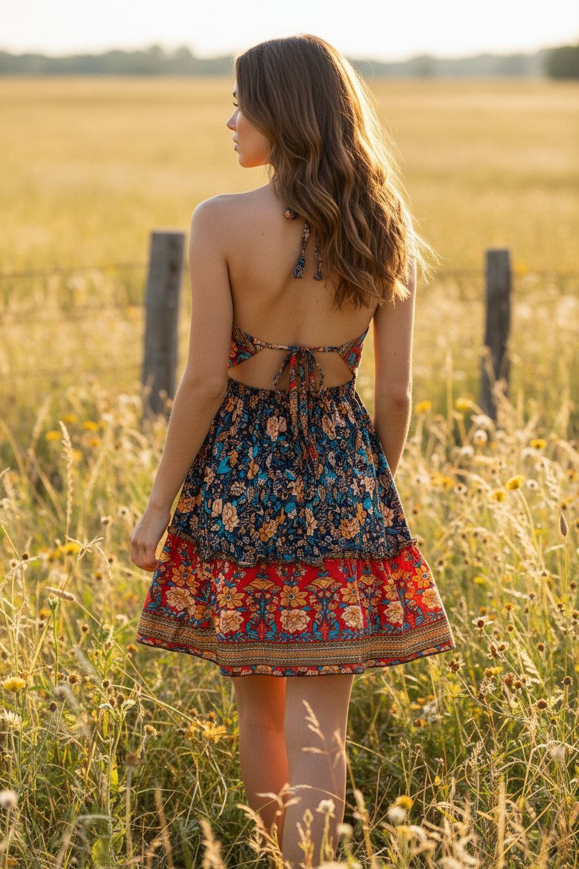 Boho Short Ruffle Dress, Hippie Dress, Open back Dress, Bohemian Festival Ethnic Dress, Boho Dress, Beach Halter Ruffle Boho Gypsy Dress