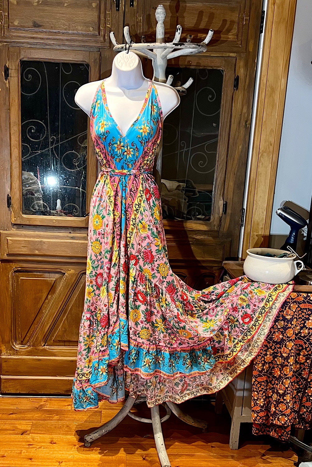 Boho Ruffle Long Dress, Hippie Dress, Open back Dress, Bohemian Festival Ethnic Dress, Boho Chic Dress, Beach Halter Ruffle Gypsy Dress