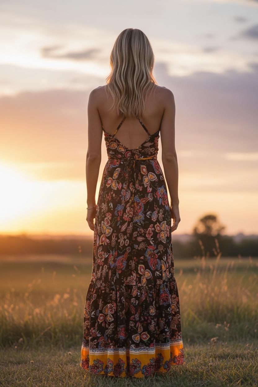 Boho Halter Maxi Dress: Ruffle Rayon Bohemian Festival Dress