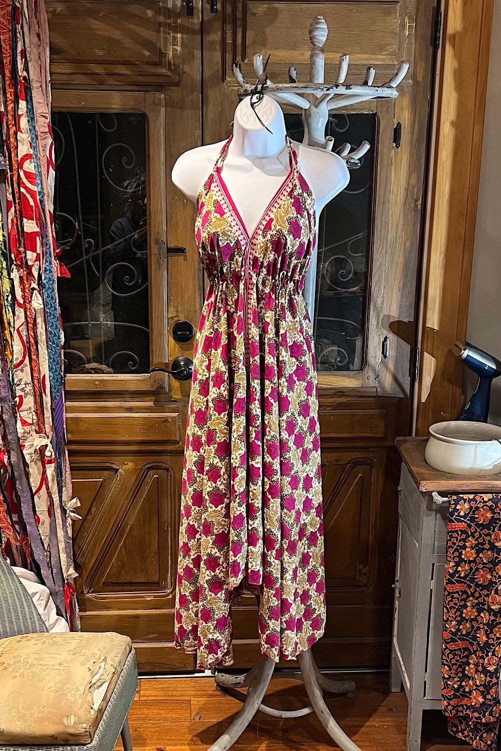Boho Silk Dress, Bohemian Halter, Dress Ethnic Beach Dress, Festival Dress, Hippie Dress, Vintage Recycled Silk Dress, Boho Chic Gypsy Dress