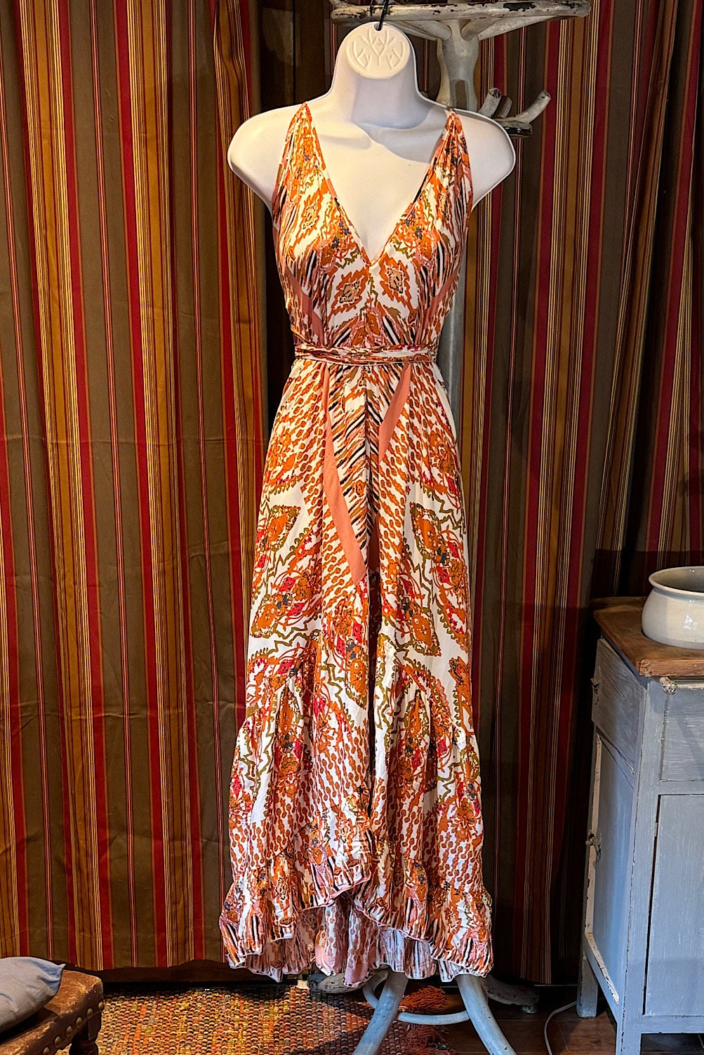 Boho Ruffle Long Dress, Hippie Dress, Open back Dress, Bohemian Festival Ethnic Dress, Boho Chic Dress, Beach Halter Ruffle Gypsy Dress