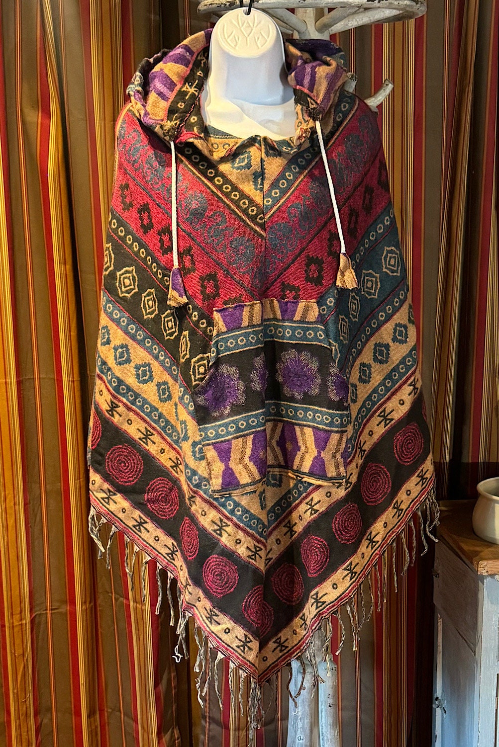 Festival Hooded Poncho: Unisex Boho Woven Wool Blend