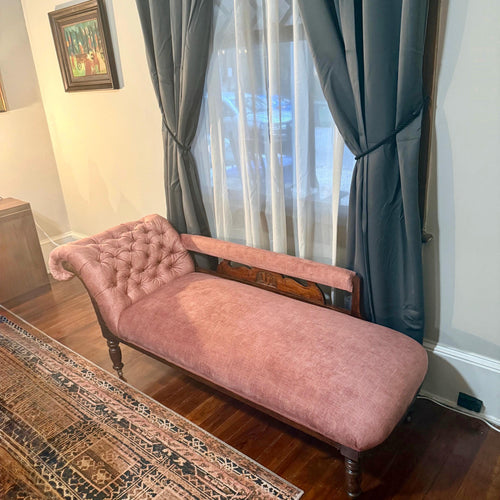 Antique Victorian Chaise Longue – New Velvet Upholstery, Tufted Back, Carved Wood Fainting Couch, Vintage Chaise Lounge Furniture