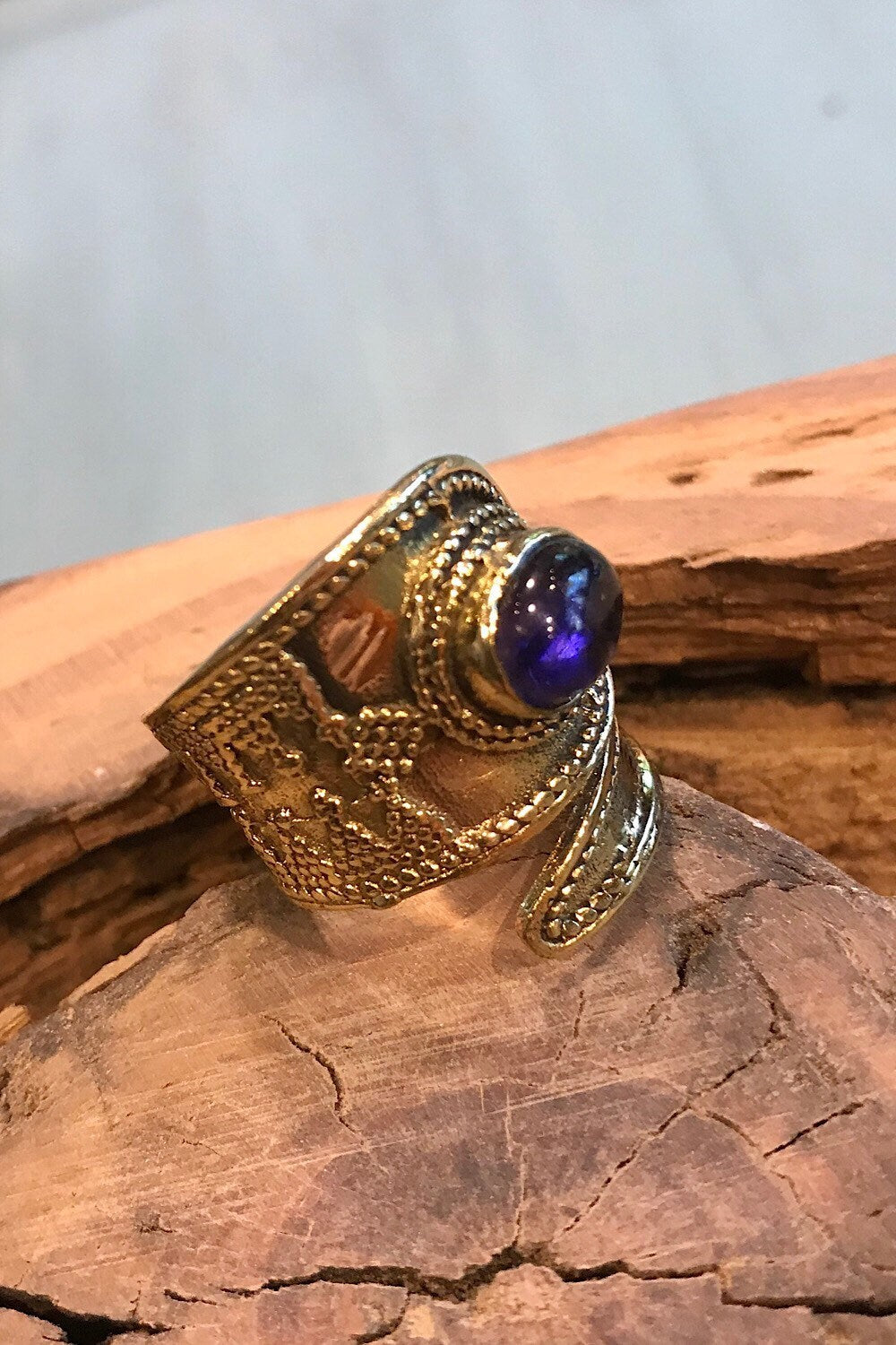 Purple Amethyst Gemstone Ring, Brass Ring, Adjustable Boho Ring, Tribal Jewelry, Gypsy Rings, Crystal Stone Ring, Statement Spiritual Ring