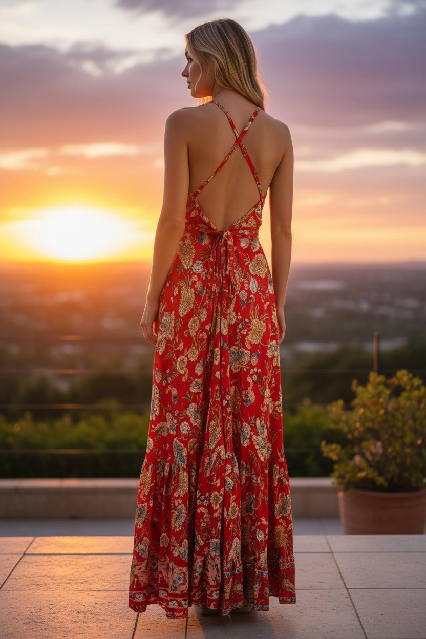 Red Rayon Boho Dress: Halter Ruffle Bohemian Maxi