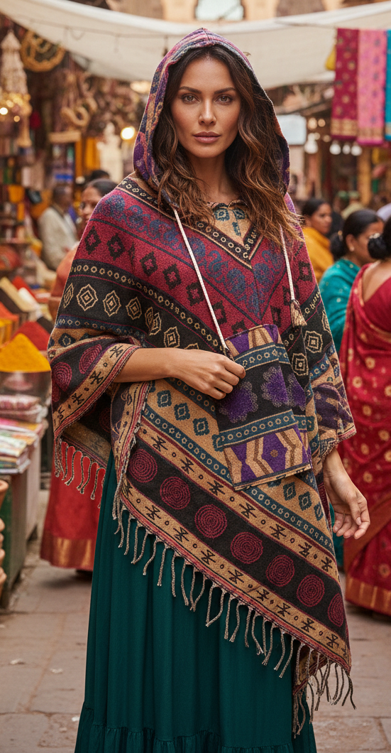 Festival Hooded Poncho: Unisex Boho Woven Wool Blend