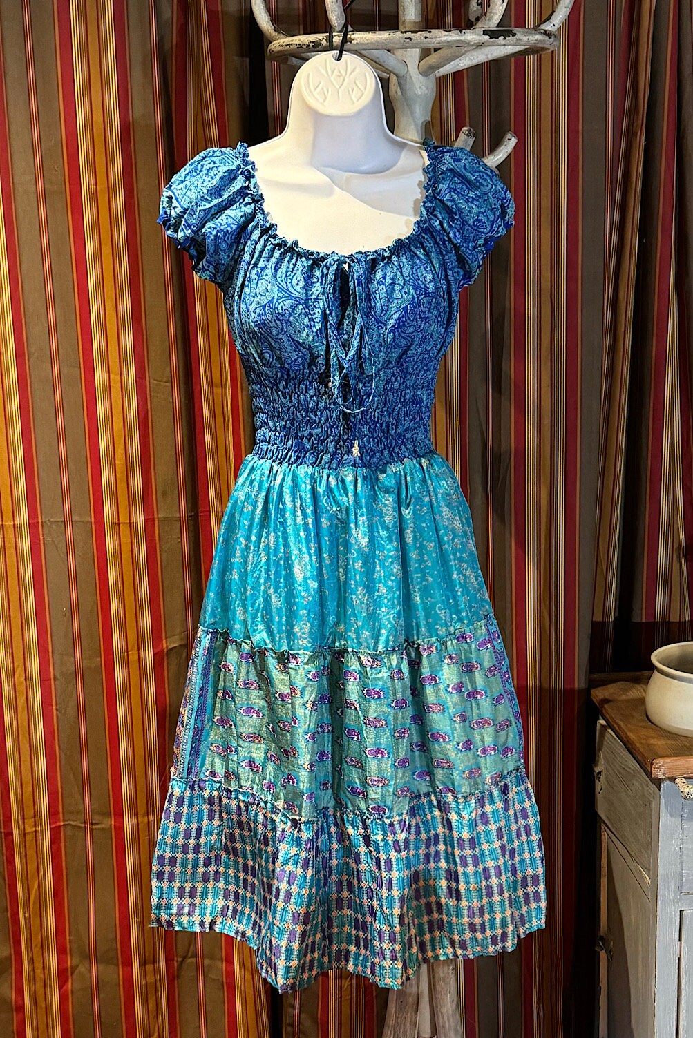 Boho Silk Dress, Vintage Ruffle Short Dress, Hippie Bohemian Dress, Gypsy Boho Dress Festival Dress, Recycled Ethnic Patch work Sari Dress