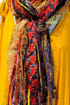 Boho Fringe Festival Long Scarf, gift for her, Yarn Ribbon Scarf,Bohemian Recycled Vintage Silk Sari Yarns Ribbons, Hippie Fringe Scarf