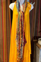 Boho Fringe Festival Long Scarf, gift for her, Yarn Ribbon Scarf,Bohemian Recycled Vintage Silk Sari Yarns Ribbons, Hippie Fringe Scarf