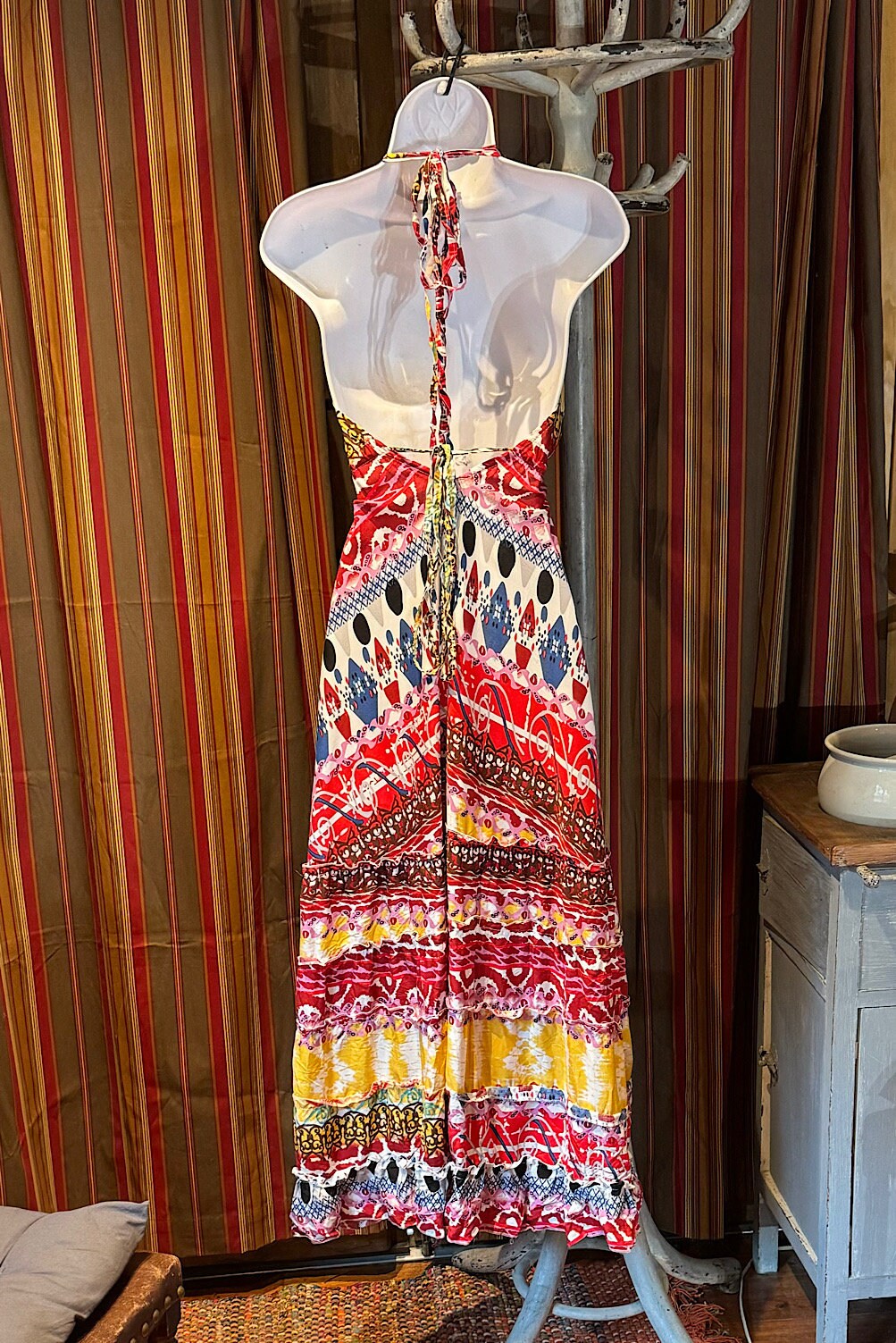 Boho Long Ruffle Dress, Hippie Dress, Open back Dress, Bohemian Festival Ethnic Dress, Boho Dress, Beach Halter Ruffle Boho Gypsy Dress